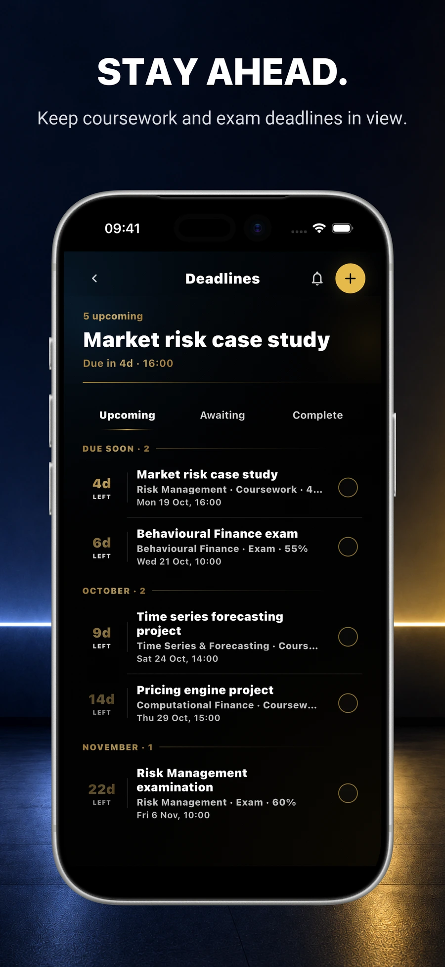 October UniTracks Deadlines screen: Obsidian materials, upcoming, awaiting and complete tabs, and five fictional coursework and exam deadlines inside a silver iPhone
