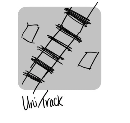 The original handwritten UniTracks logo sketch, with a diagonal track and the early UniTrack name