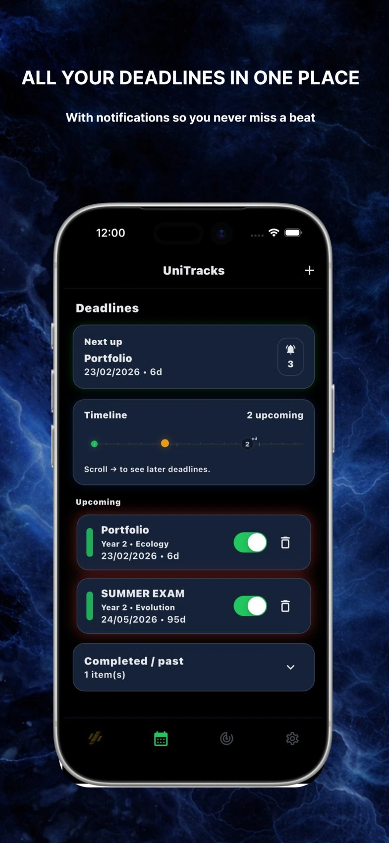 Original Version 1 promotional screenshot: the blue Deadlines screen with a next deadline, timeline and upcoming coursework and exam entries inside a silver iPhone
