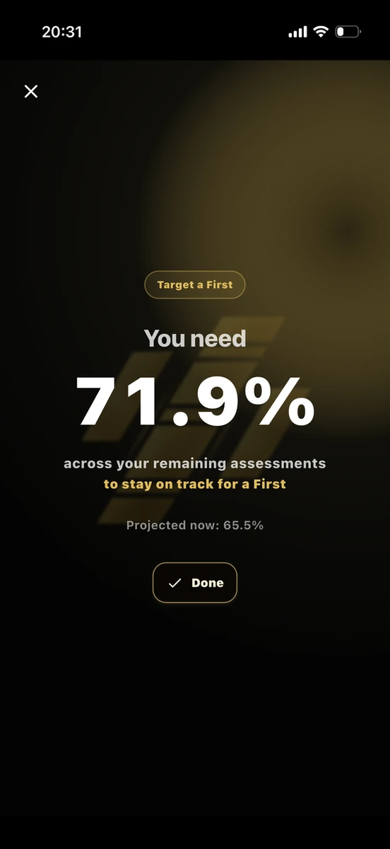 UniTracks Goal Requirement screen showing the mark needed for a degree target