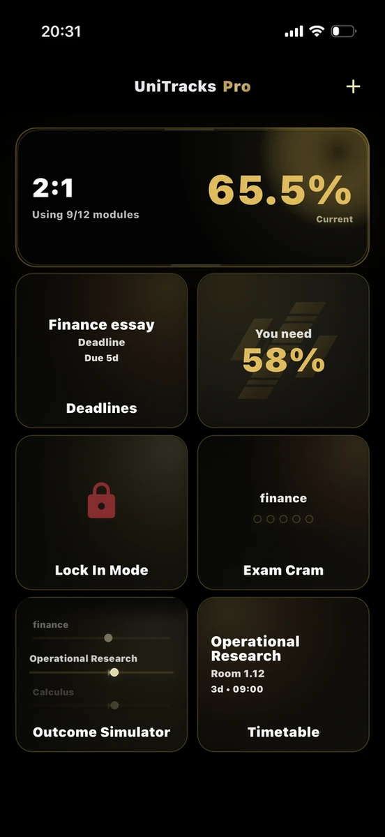 UniTracks dashboard showing degree progress and connected study tools