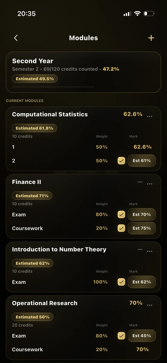 UniTracks Modules screen showing credits, assessments and marks