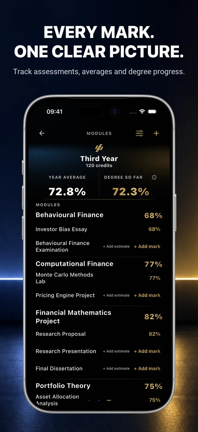 Public UniTracks App Store screenshot of the Modules screen with module credits and assessment marks in a silver iPhone
