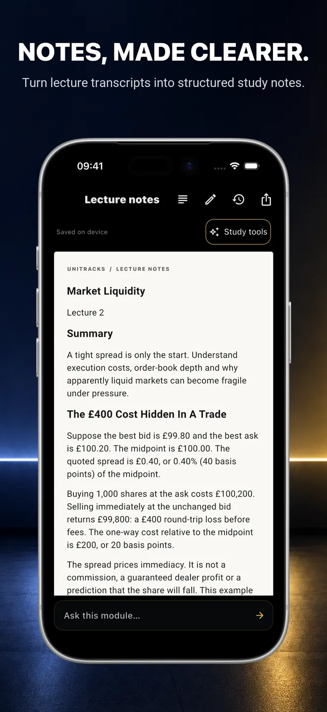 Public UniTracks App Store screenshot showing structured lecture notes and a worked market-liquidity example inside a silver iPhone