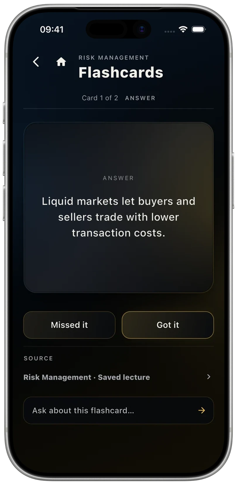 UniTracks flashcard answer with Missed it and Got it practice controls