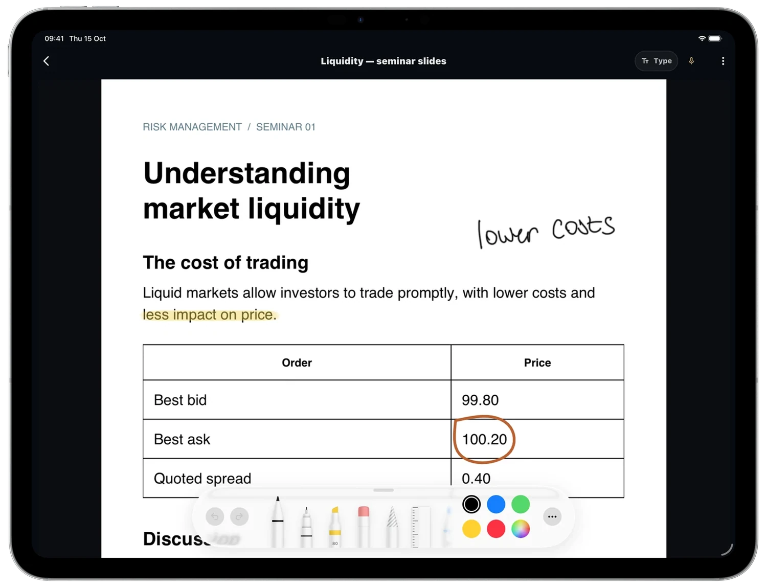 UniTracks on iPad showing a lecture PDF with a highlighted phrase, handwritten margin note and Pencil tools