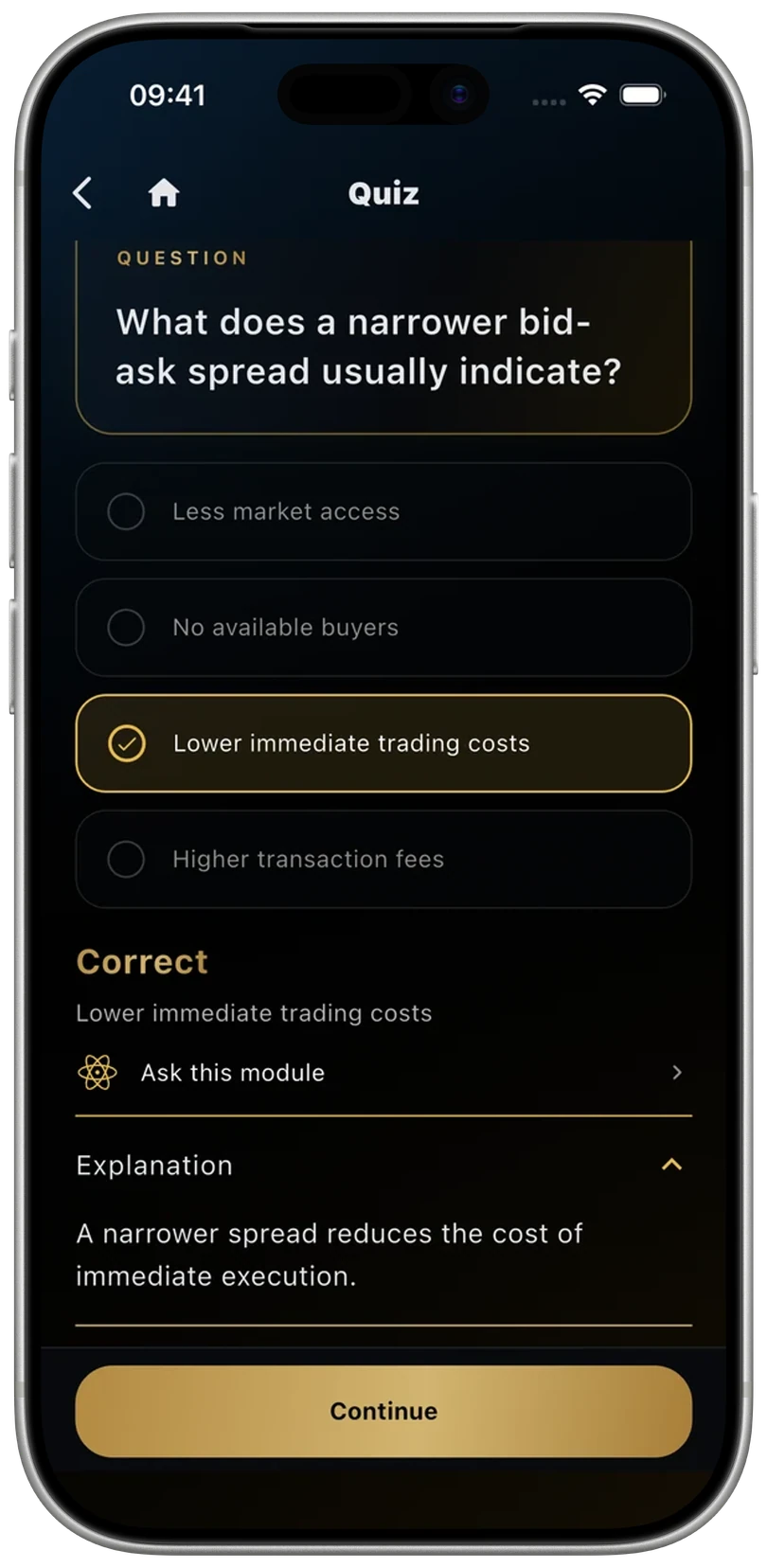UniTracks quiz showing a correct answer and its explanation